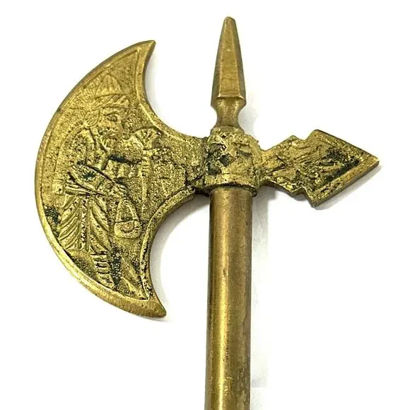 Vintage Brass Medieval Decorative Poleaxe Knight Engraved Axe Halberd 14” - Picture 3 of 8